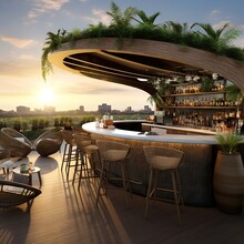 An Oasis Beer Garden On A Rooftop With A Curved Modern Bar Counter Using Onyx Stone 