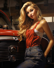 Wall Mural - Retro 1960's pin up style postcard of woman in red shirt with denim overalls, jeans near the retro car