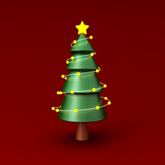 Aufkleber - Minimal christmas tree with yellow led neon light bulbs isolated on dark red background with shadow 3D rendering