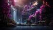 A celestial garden of Cattleya orchids illuminated by a cascading waterfall, creating a magical ambiance in the moonlight.