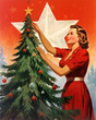 © NK Project - Retro 1960's postcard of smiling soviet woman in red dress, decorates Christmas tree with white star on background