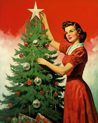 Wall Mural - Retro 1960's postcard of happy woman in red dress, decorates soviet Christmas tree with splashes on background