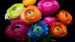 An exquisite bouquet of Rainbow Ranunculus against a black background in