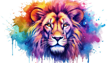  Close-up of the face of a multi-colored lion with multi-colored fur on a white background.  Watercolor paints.