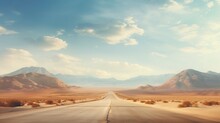 Empty Road In The Desert, Epic Sky And Clouds, With Mountains Far Away. Generative Ai