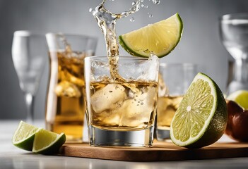 Wall Mural - Glasses shot of tequila making toast with splash isolated on trasparent or white background