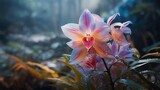 Fototapeta Storczyk - An Orchid Obscura shrouded in a cloak of iridescent mist, as if from a dream, showcasing its rich colors and textures in full ultra HD