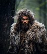 man in animal skin in the forest. wild man hunter. ai generated