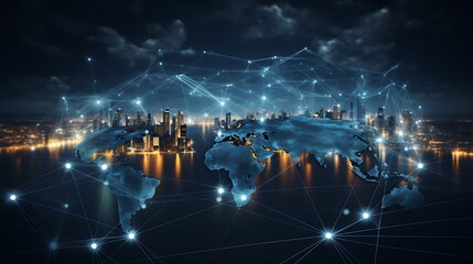 Wall Mural - modern and minimalist image that symbolizes the global stock market's interconnectedness sleek, digital world map with nodes and lines representing international trade and stock exchanges
