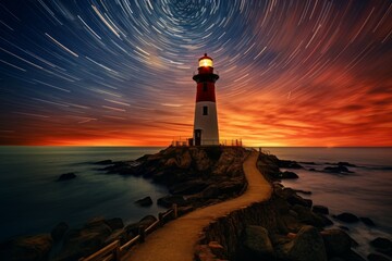Wall Mural - Lighthouse on the seashore. Background with selective focus and copy space
