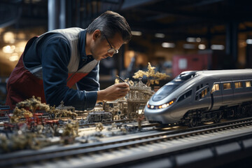 Poster - an engineer examining a high-speed train track for maintenance and repairs, capturing the concept of