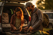 © Sebastian - A family packing their camping gear into an RV for a cross-country road trip, embodying the Concept of recreational vehicle travel. Generative Ai.