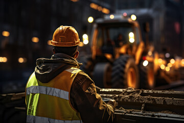 Poster - A construction worker operating heavy machinery at a road construction site, portraying the Concept of infrastructure development. Generative Ai.