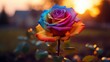 An ultra HD 8K image of a Rainbow Rose blooming under the soft glow of twilight, with the petals bathed in the warm hues of the setting sun.
