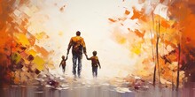 Lonely Father Walking Hand In Hand With Son Child. Concept Illustration For Divorce, Death Of A Parent, Loving Father