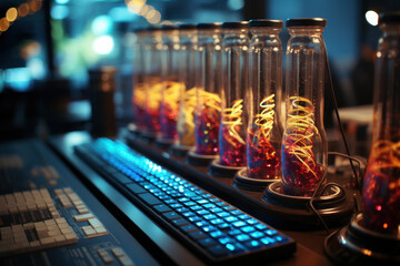 Poster - Cutting-edge gene sequencing machines deciphering the secrets of life at the molecular level. Concept of genetics research and technological advancement. Generative Ai.