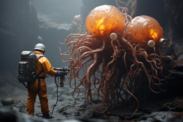 Poster - scientists studying extremophiles in deep-sea hydrothermal vents, revealing insights into life's ada