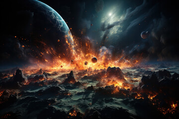 Wall Mural - A night sky filled with asteroids heading towards Earth, exemplifying the cosmic hazards we face from space. Concept of asteroid impact risks. Generative Ai.