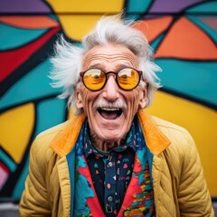 Wall Mural - senior old man happy expression against grunge colorful graffiti wall. ai generated