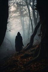 a lone figure walking in a mysterious forest