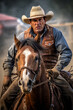 Rodeo bronc rider action shot photograph, looking at camera highly detailed