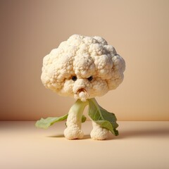 Wall Mural - Minimal shot of cauliflower with doll eyes and fake mustache against gradient light beige