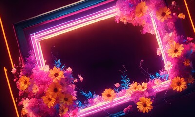 Wall Mural - 額縁、花、ネオン照明、背景素材｜Picture frame. flower. Neon lighting. background material. Generative AI