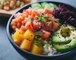 Closeup of a fresh poke bowl with salmon, mango, avocado, cucumber, red radish on white rice. Healthy eating recipe. 