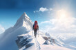 A close up of a female mountaineer is hiking to the top of a mountain with a thick coat on a in snow covered mountain hill with a trail of footsteps on a sunny day