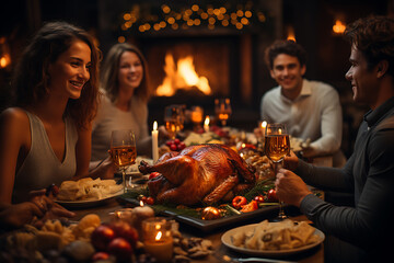 Happy Thanksgiving Day! Autumn feast. Family sitting at the table and celebrating holiday.. Traditional dinner.