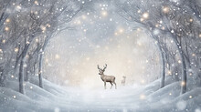 Greeting Card For Christmas, Deer In The Winter Forest, Illustration Of New Year Decoration