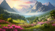 fairy tale valley with colorful flower and mountain background. beautiful fantasy landscape scene