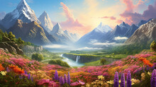 Fairy Tale Valley With Colorful Flower And Mountain Background. Beautiful Fantasy Landscape Scene