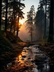 Wall Mural - A misty sunrise with tall evergreen trees. Generative AI. 