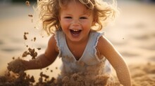 Child Playing In The Sand At The Beach, Full Of Joy Generative Ai