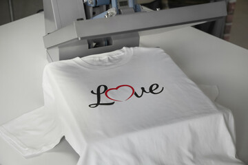 Wall Mural - Printing logo. Heat press with t-shirt on white table