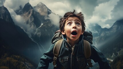 Wall Mural - amazed boy on a mountain. generative ai