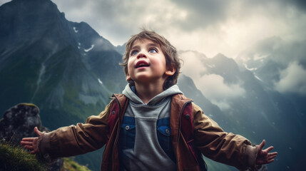 Wall Mural - amazed boy on a mountain. generative ai