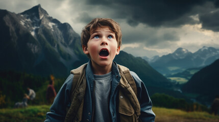 Wall Mural - amazed boy on a mountain. generative ai
