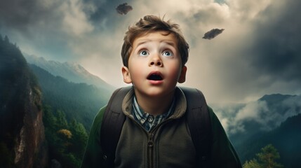 Wall Mural - amazed boy on a mountain. generative ai