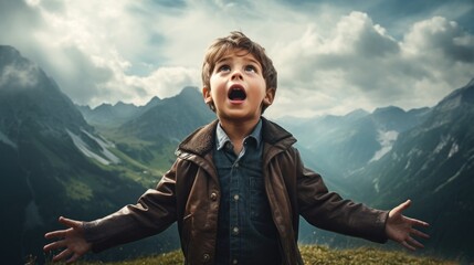 Wall Mural - amazed boy on a mountain. generative ai