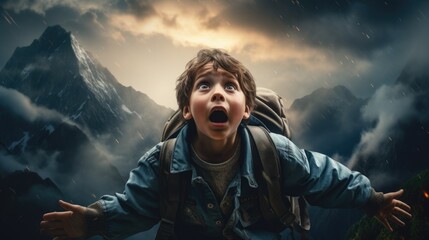 Wall Mural - amazed boy on a mountain. generative ai