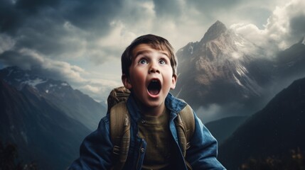 Wall Mural - amazed boy on a mountain. generative ai