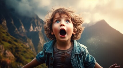 Wall Mural - amazed boy on a mountain. generative ai