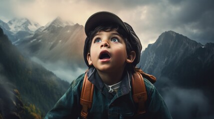Wall Mural - amazed boy on a mountain. generative ai