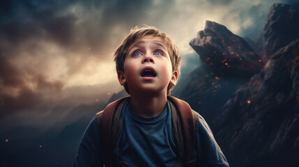 Wall Mural - amazed boy on a mountain. generative ai