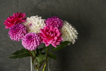 Canvas Print - Bouquet of beautiful Dahlia flowers near dark grey wall. Space for text