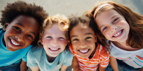 an photo  diverse people of race. 9 years old. all smiling and some show teeth - Generative AI