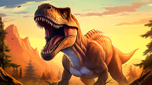 Dino Kingdom: Journey Into The Jurassic Jungle 
With Mountain Background Ai Generated