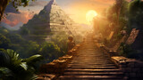 Fototapeta  - El Castillo: The Majestic Mayan Pyramid with a Serpentine Stairway and the Radiant Glow of Sunset background ai generated